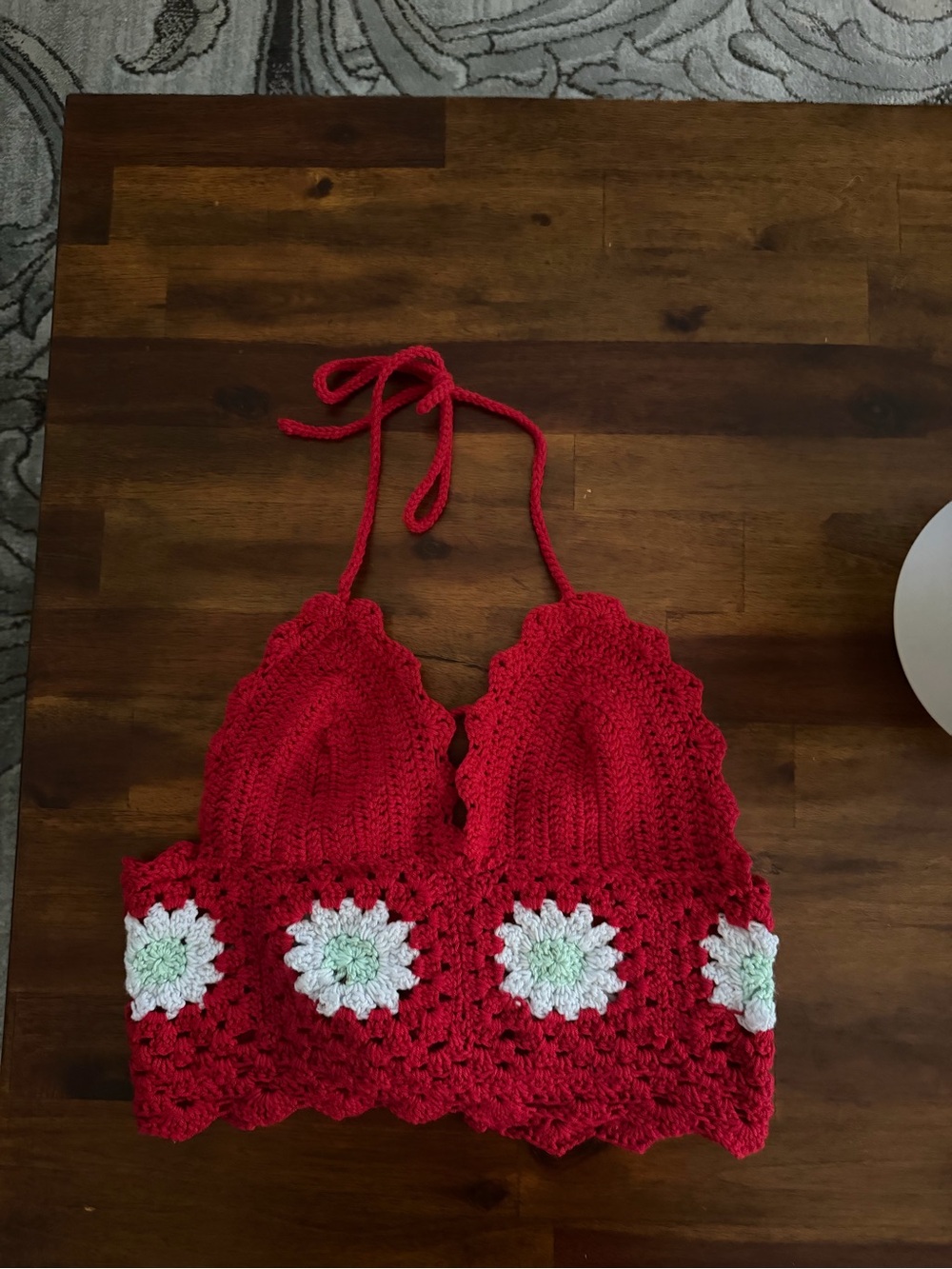 Vintage Red Crochet Daisy Granny Square Halter Crop Top